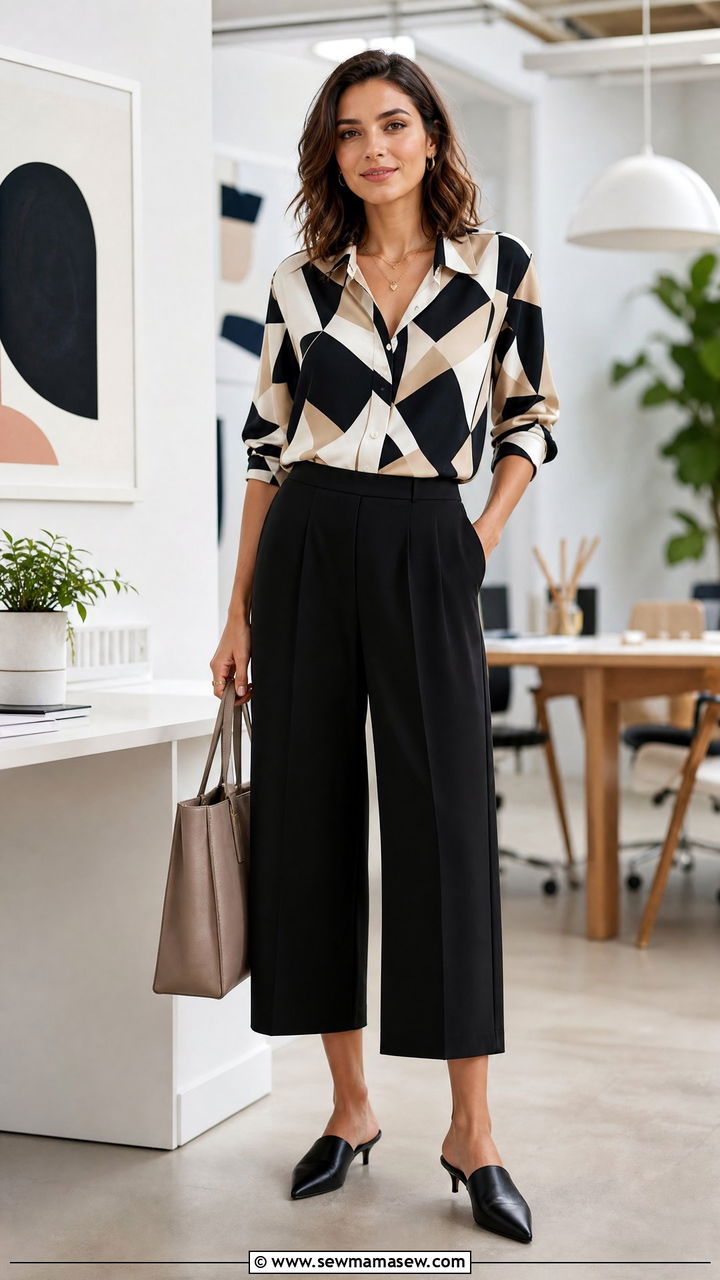 Patterned Blouse With Tailored Culottes Outfit - 25 Female entrepreneur outfit ideas