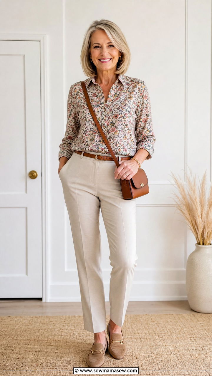 Patterned Blouse With Tailored Trousers - 25 Outfit ideas for women over 50 weekend