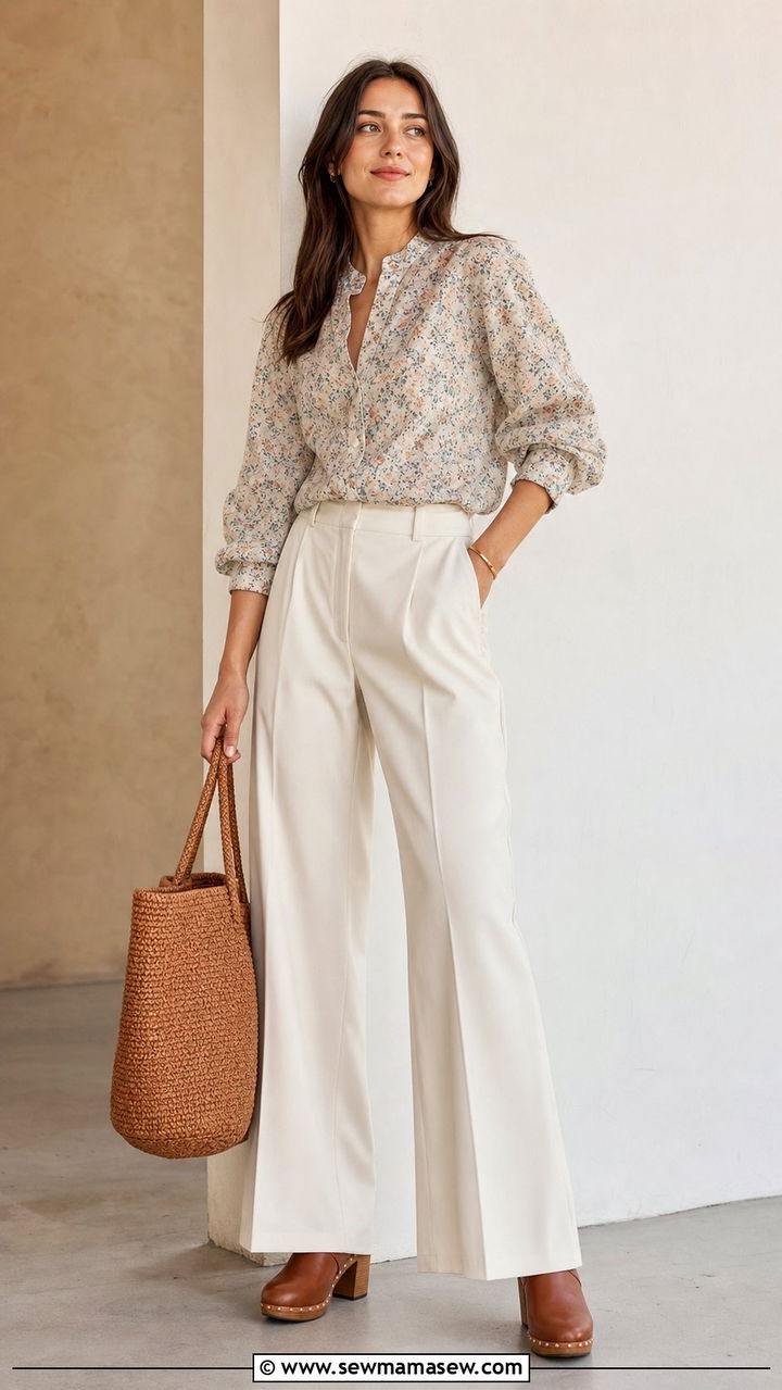 Patterned Blouse and High Waisted Wide Leg Pants Look - 35 Business casual outfits for first job