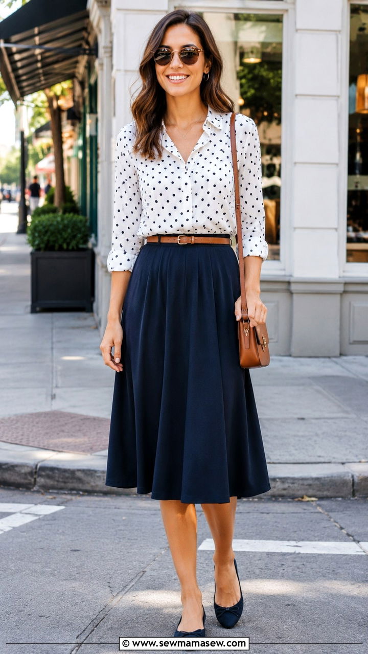 Patterned Button Down With Solid Midi Skirt - 30 Midi skirt outfit ideas with a button down