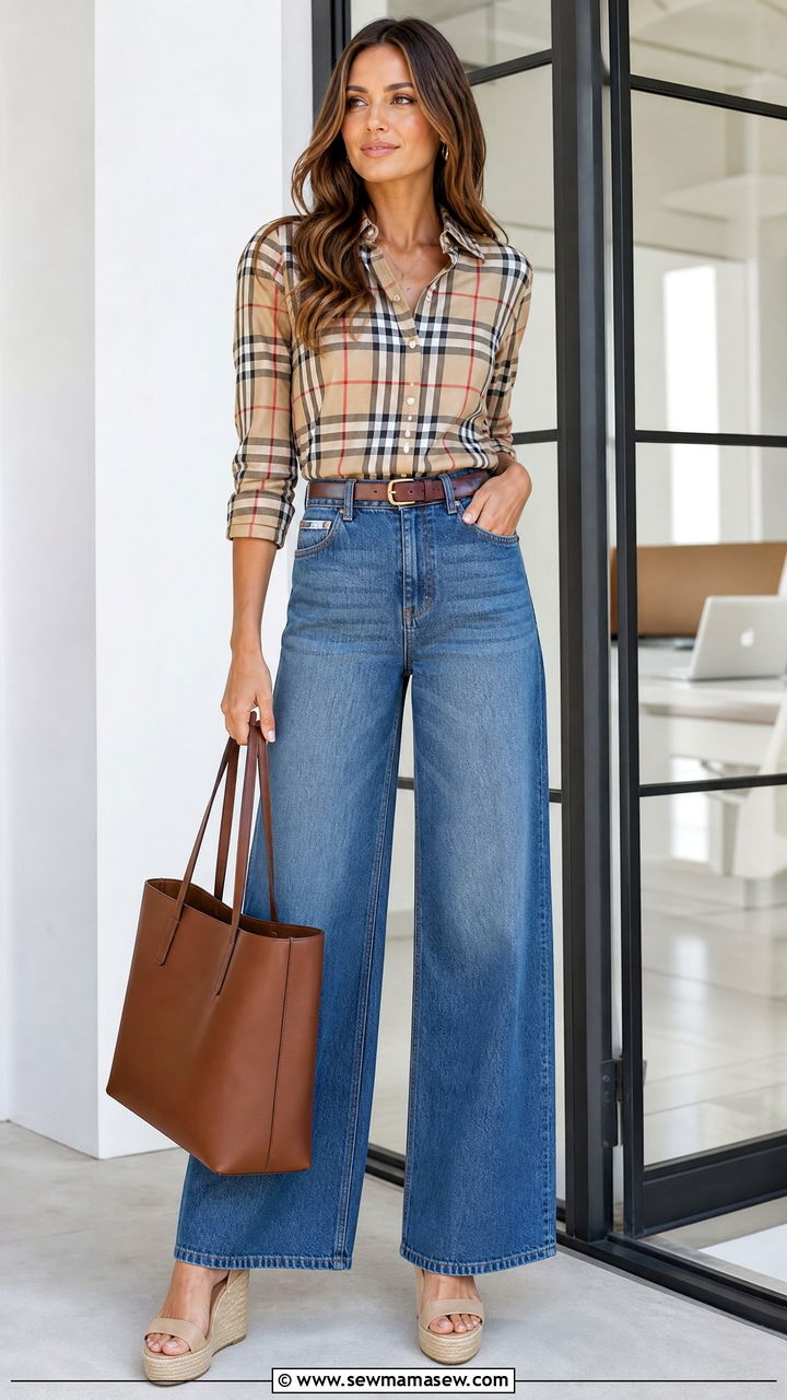 Patterned Button Down With Wide Leg Jeans And Espadrille Wedges - 30 Summer outfits with wide leg jeans