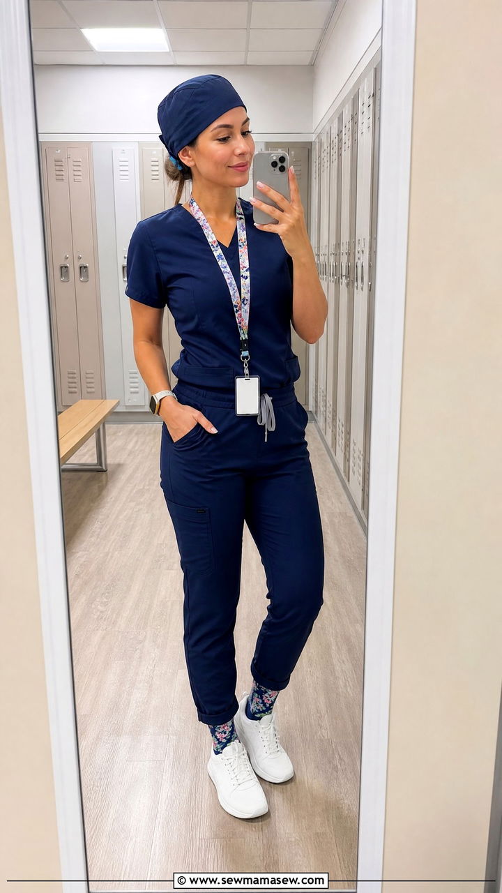 Patterned Compression Socks Paired With A Solid Scrub Set - 25 Icu nurse outfit ideas
