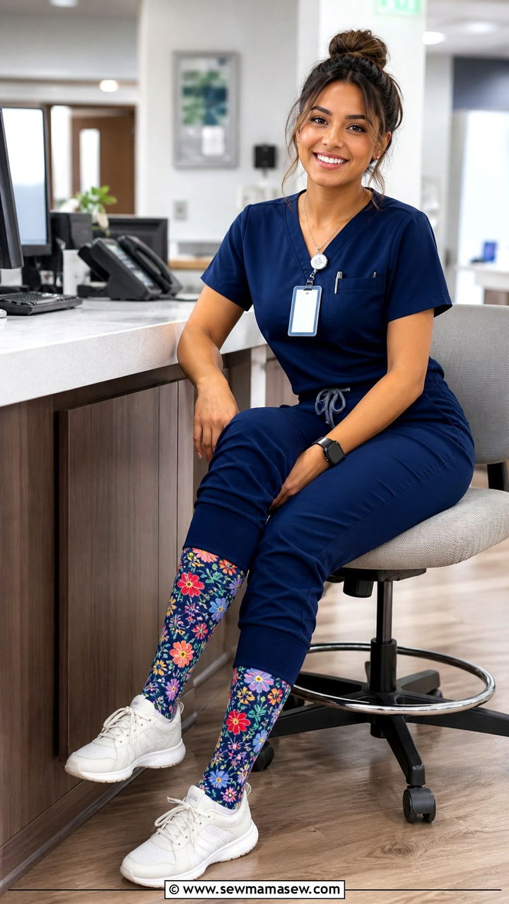 Patterned Compression Socks With Scrubs - 40 Nurse outfit ideas