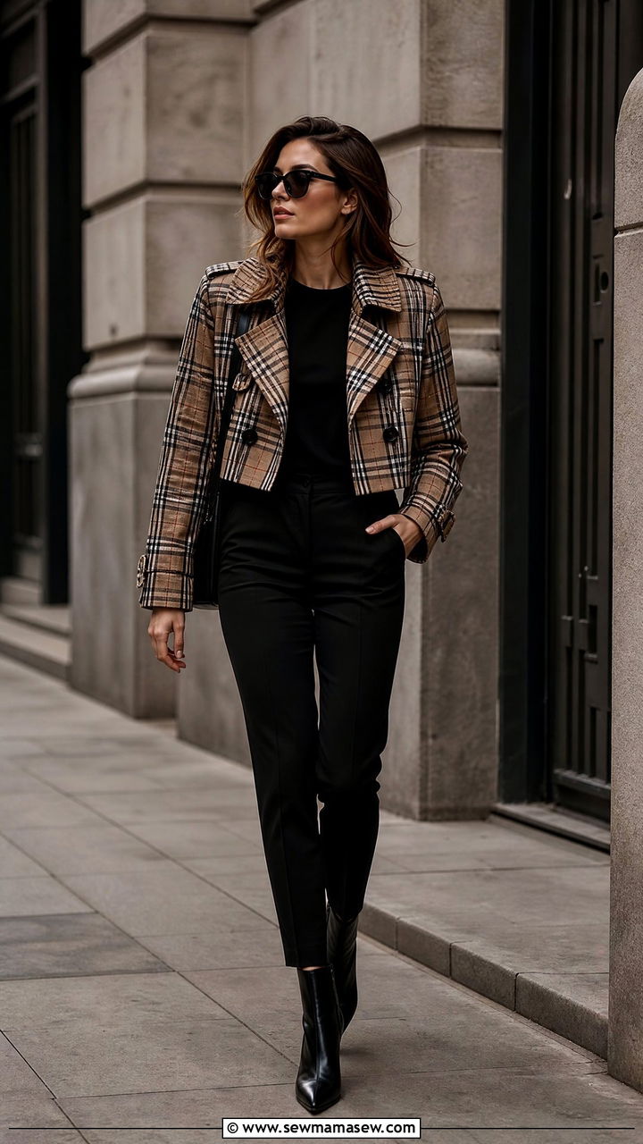 Patterned Cropped Trench With Solid Basics And Ankle Boots - 30 cropped trench coat outfit ideas for women