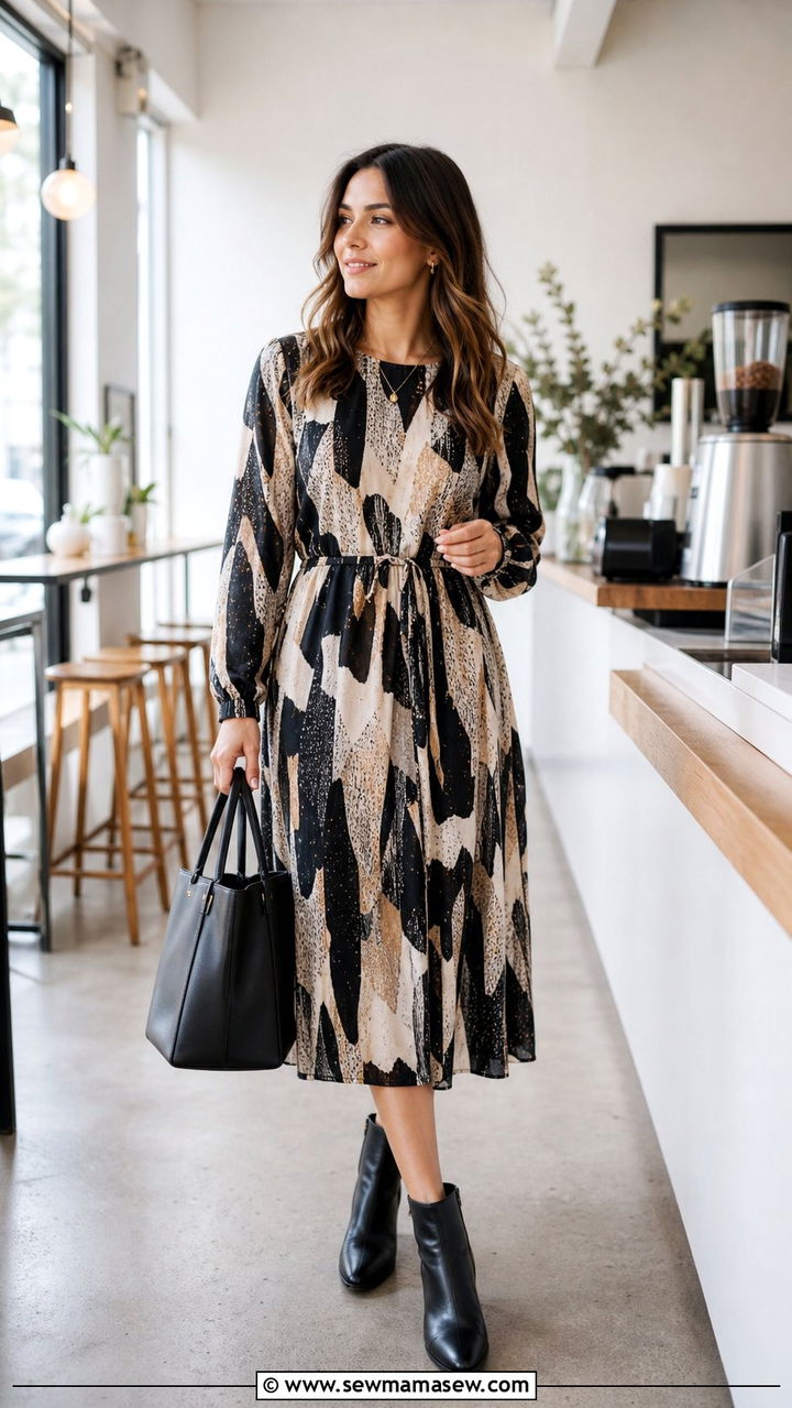 Patterned Dress with Ankle Boots and Tote Bag - 35 casual Friday outfit ideas
