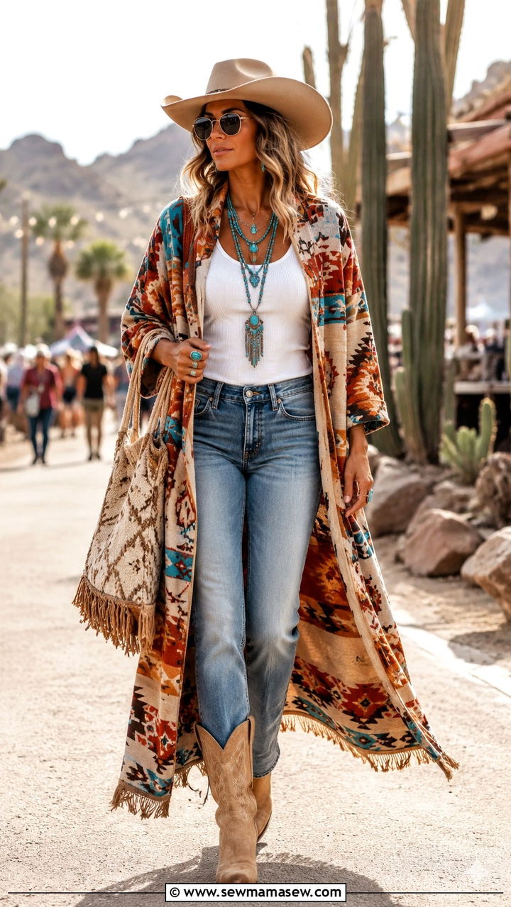 Patterned Duster Coat With Straight Leg Jeans And Cowboy Boots - 25 Boho outfit ideas with cowboy boots