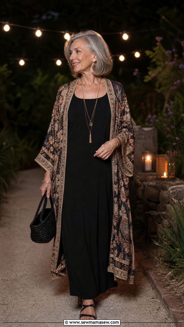 Patterned Kimono and Black Column Maxi with Low Sandals - 30 Concert outfits for women over 60