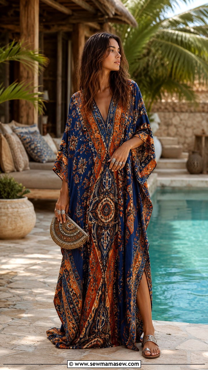 Patterned Kimono and Distressed Shorts with Silver Rings - 25 Boho outfit ideas with silver rings