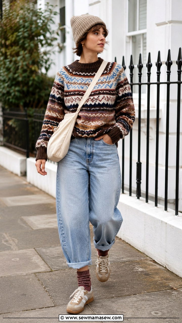 Patterned Knit Jumper With Relaxed Barrel Leg Jeans and Retro Sneakers - 20 Eclectic grandpa outfit ideas women