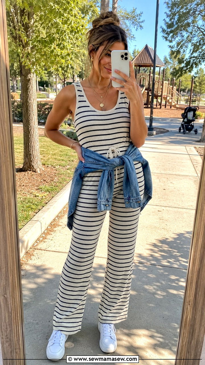Patterned Knit Jumpsuit with Clean White Trainers - 25 Playground outfit ideas for moms