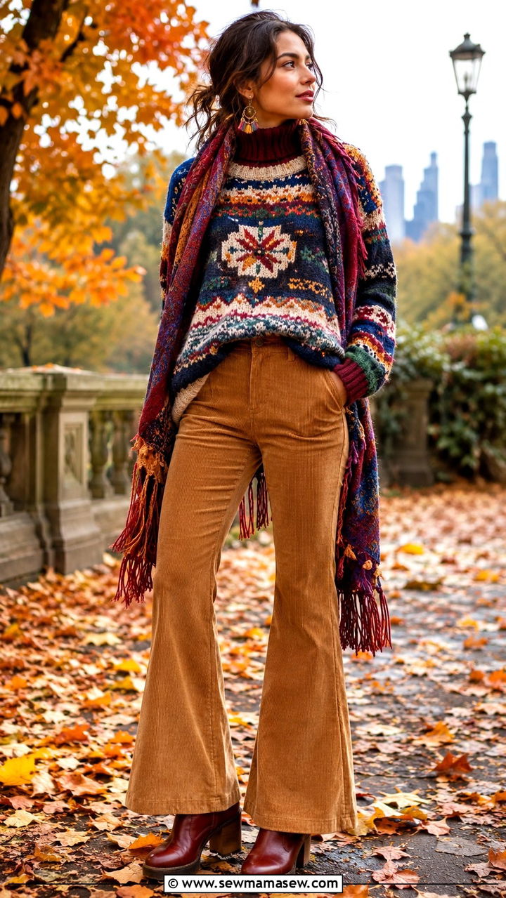 Patterned Knit Sweater With Corduroy Flares - 25 maximalist outfits to copy