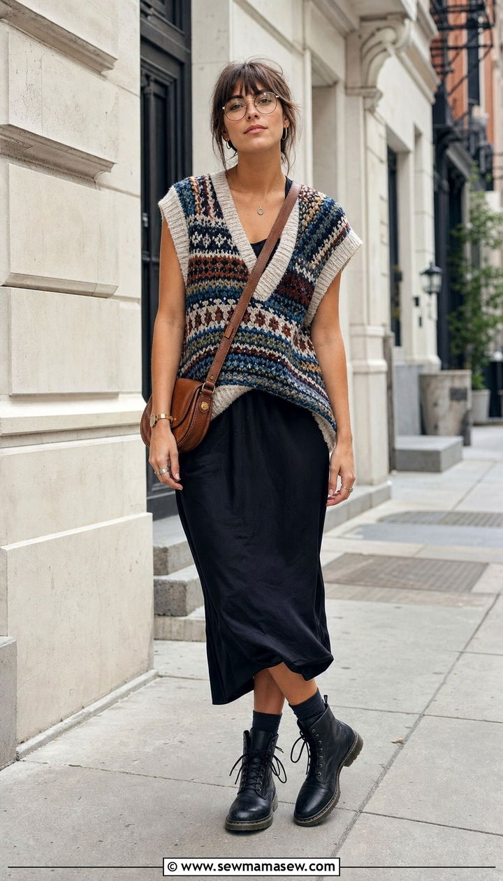 Patterned Knit Vest Over a Slip Midi Dress With Combat Boots - 25 Eclectic grandpa outfit ideas