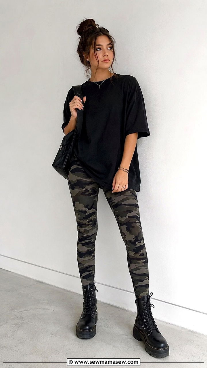 Patterned Leggings with Neutral Top - 30 School outfit ideas with leggings