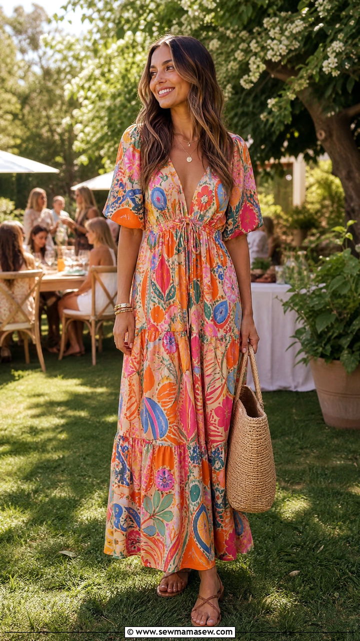 Patterned Maxi Dress With Flat Sandals Outfit - 25 Launch party outfit ideas