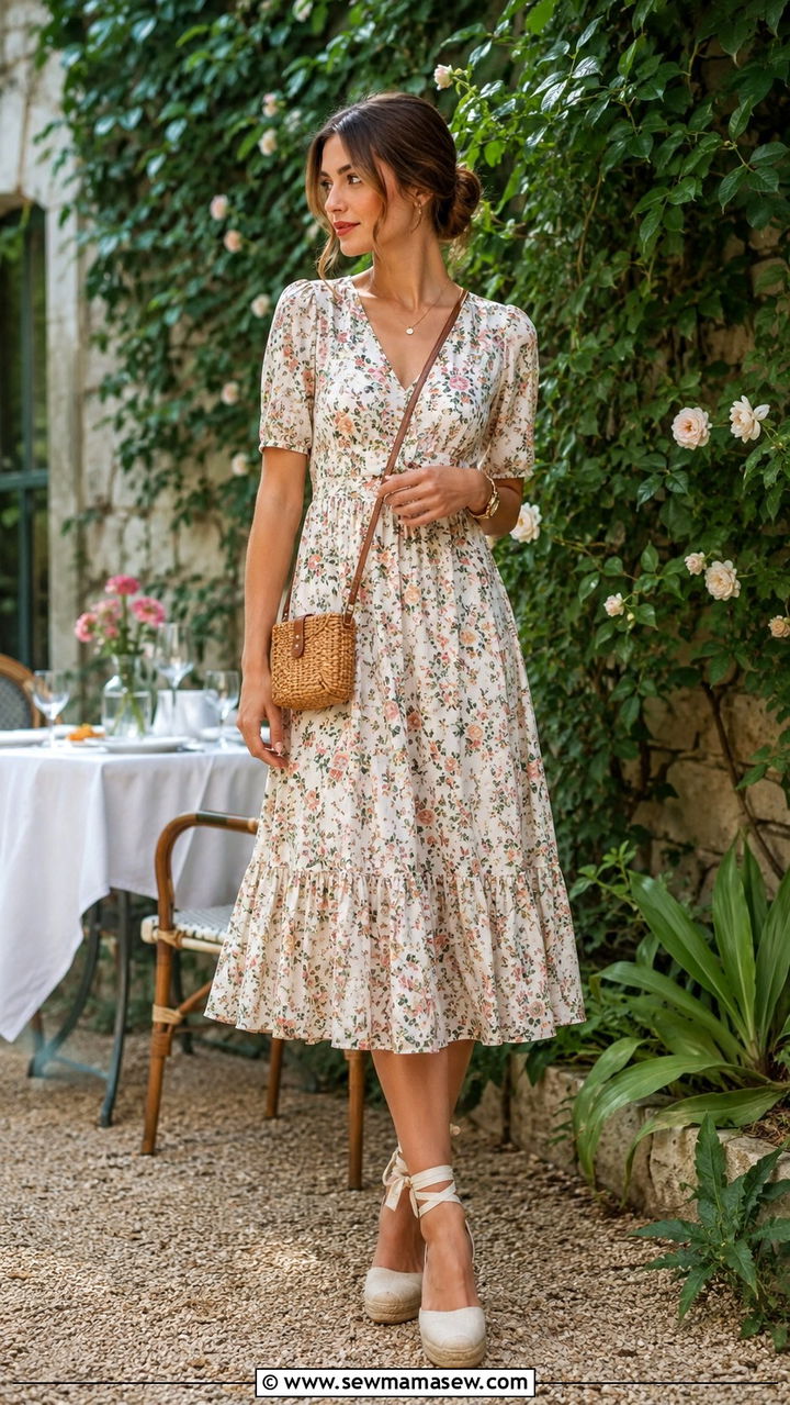 Patterned Midi Dress With Espadrille Wedges - 30 classy parisian outfit ideas