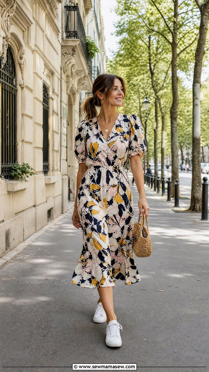 Patterned Midi Dress With Low Profile Sneakers - 35 French girl spring outfit ideas