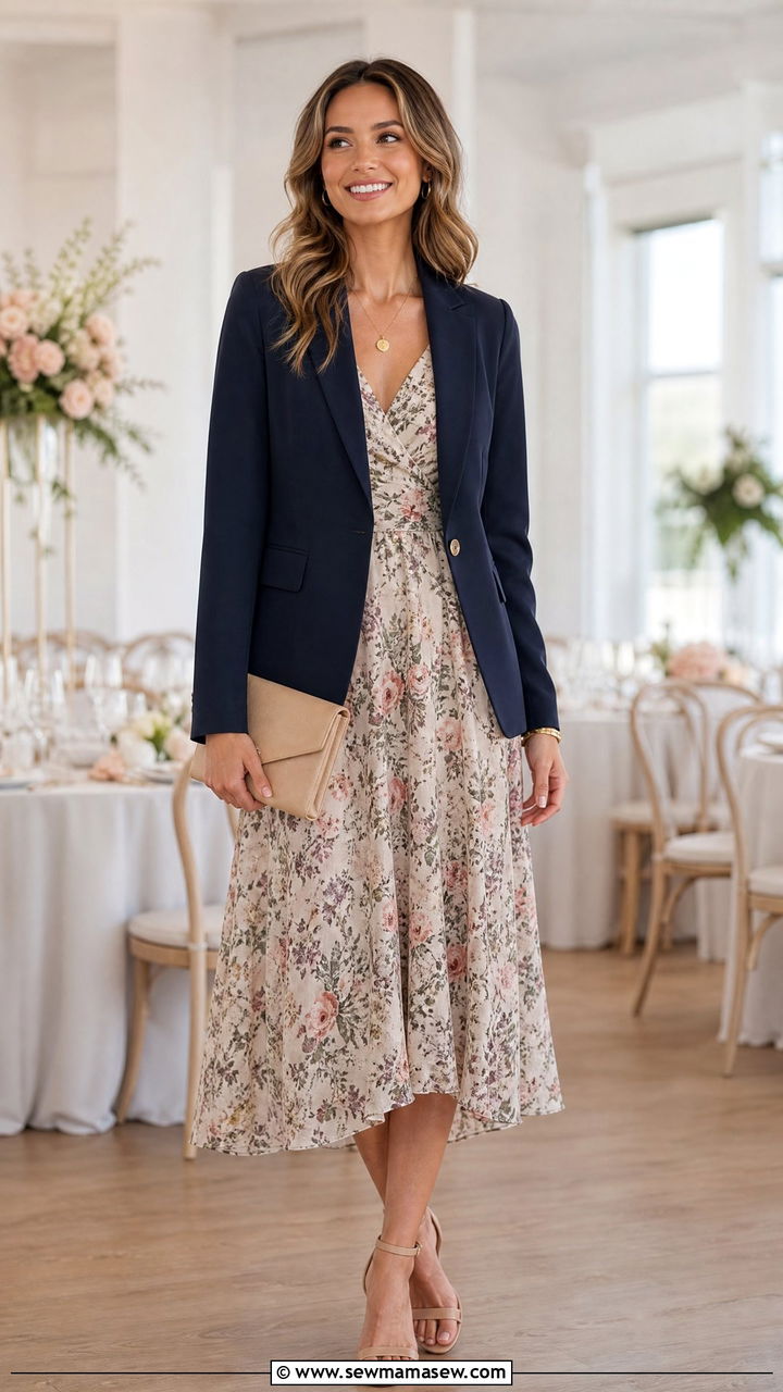Patterned Midi Dress with Solid Blazer and Heels - 30 Marketing manager outfit ideas