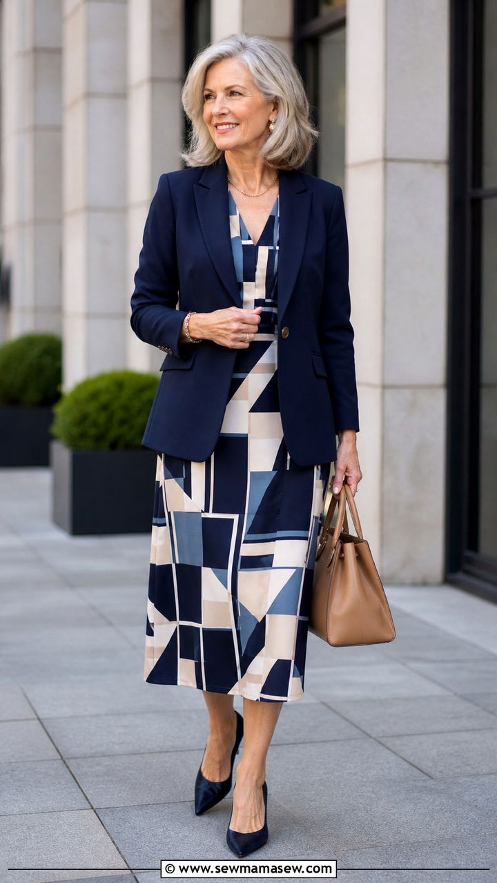 Patterned Midi Dress with a Structured Blazer - 40 Outfit ideas for women over 50