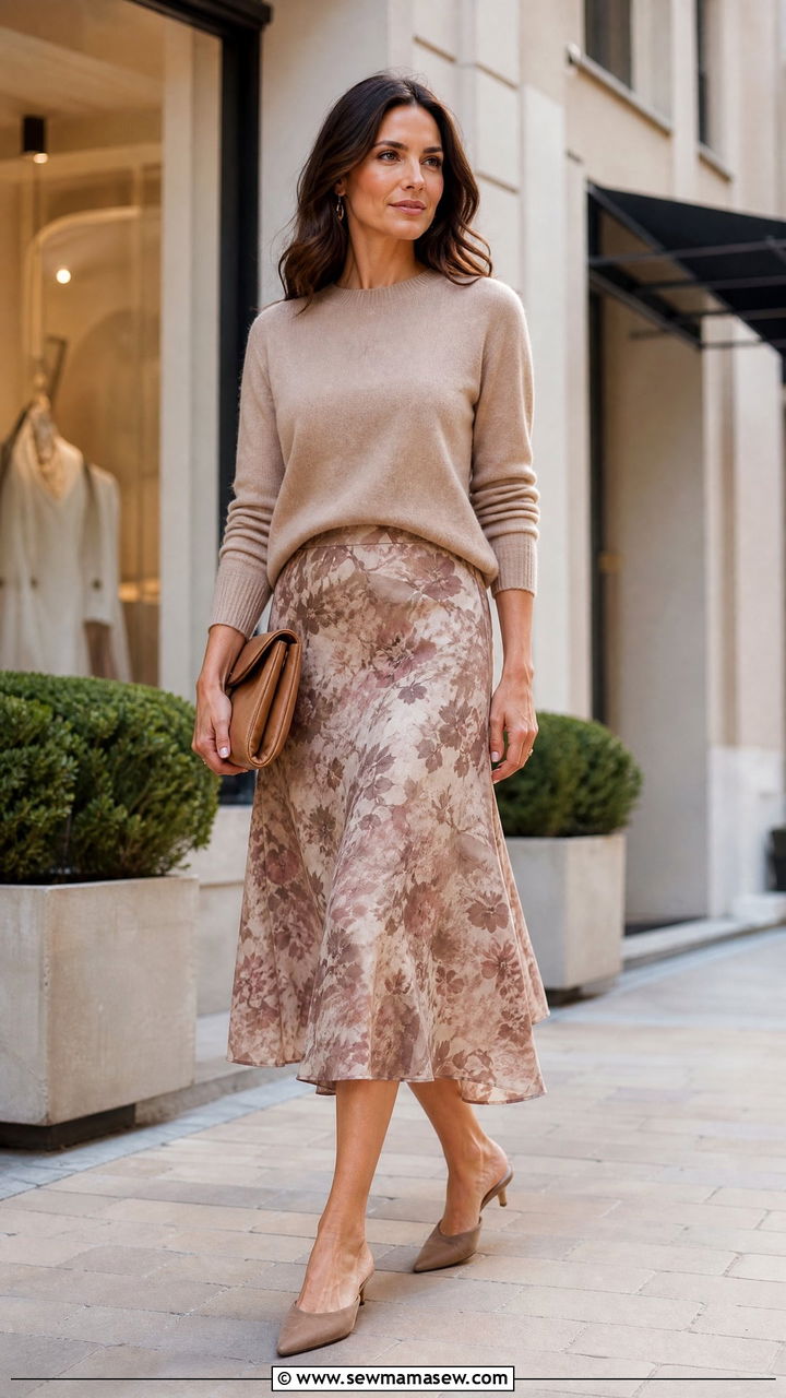 Patterned Midi Skirt And Fine Cashmere Sweater Outfit - 25 Salesperson outfit ideas