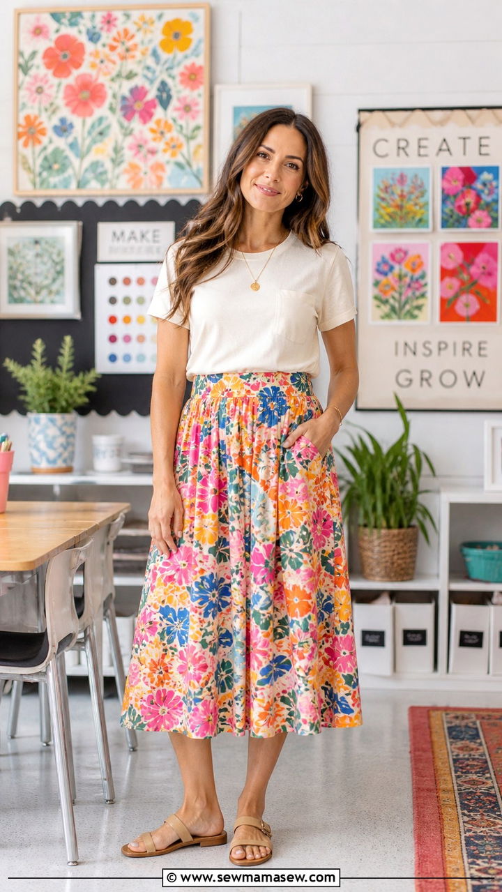 Patterned Midi Skirt With Solid Tee Outfit - 40 Spring teacher outfits