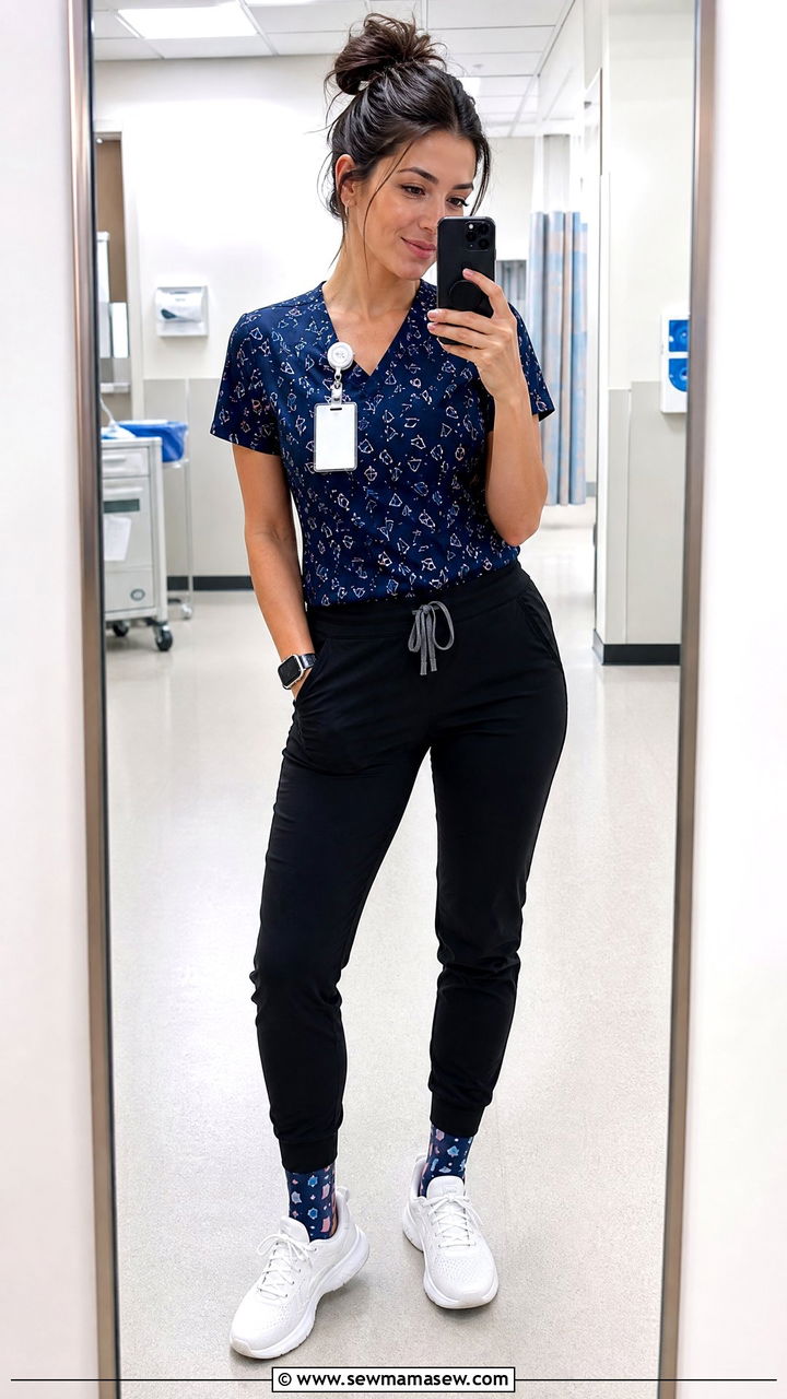 Patterned Scrub Top With Compression Sock Accents - 30 ER nurse outfit ideas