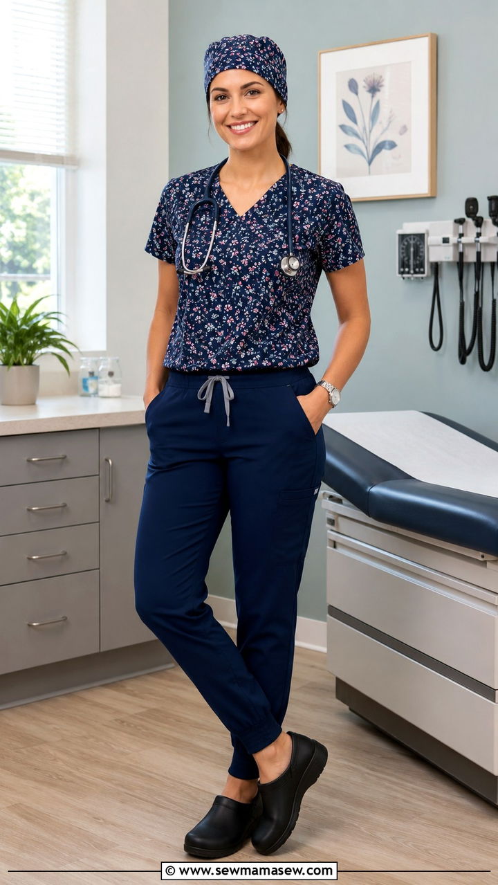 Patterned Scrub Top With Solid Bottoms - 30 Doctor outfit ideas