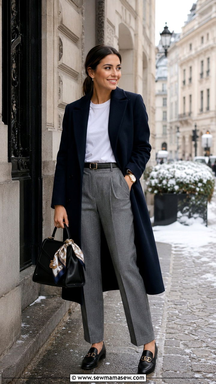 Patterned Silk Scarf and Tailored Coat With Gucci Loafers - 25 Old money outfit ideas with Gucci loafers