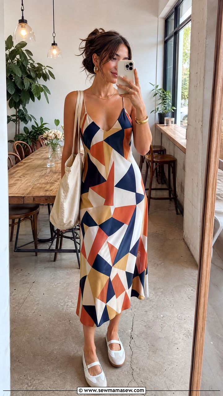 Patterned Slip Midi Dress With Sneakerinas - 30 summer midi dress outfit ideas
