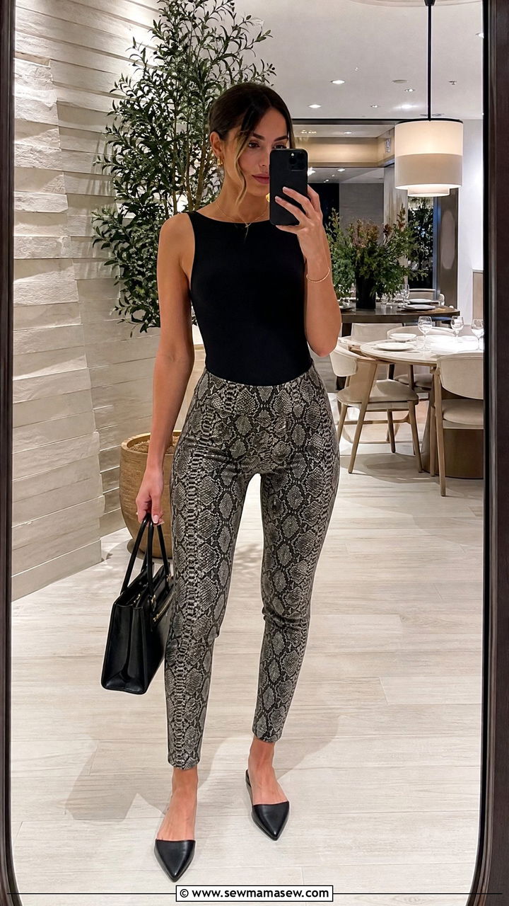 Patterned Snake Print Leggings With Black Bodysuit - 30 Summer outfits with leggings