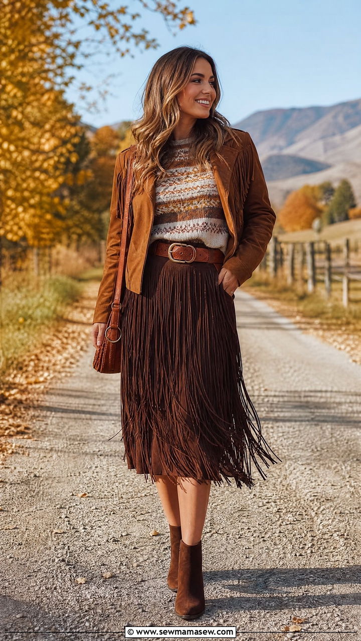 Patterned Sweater With Brown Jacket Over Fringe Skirt and Boots - 30 fringe skirt outfit ideas