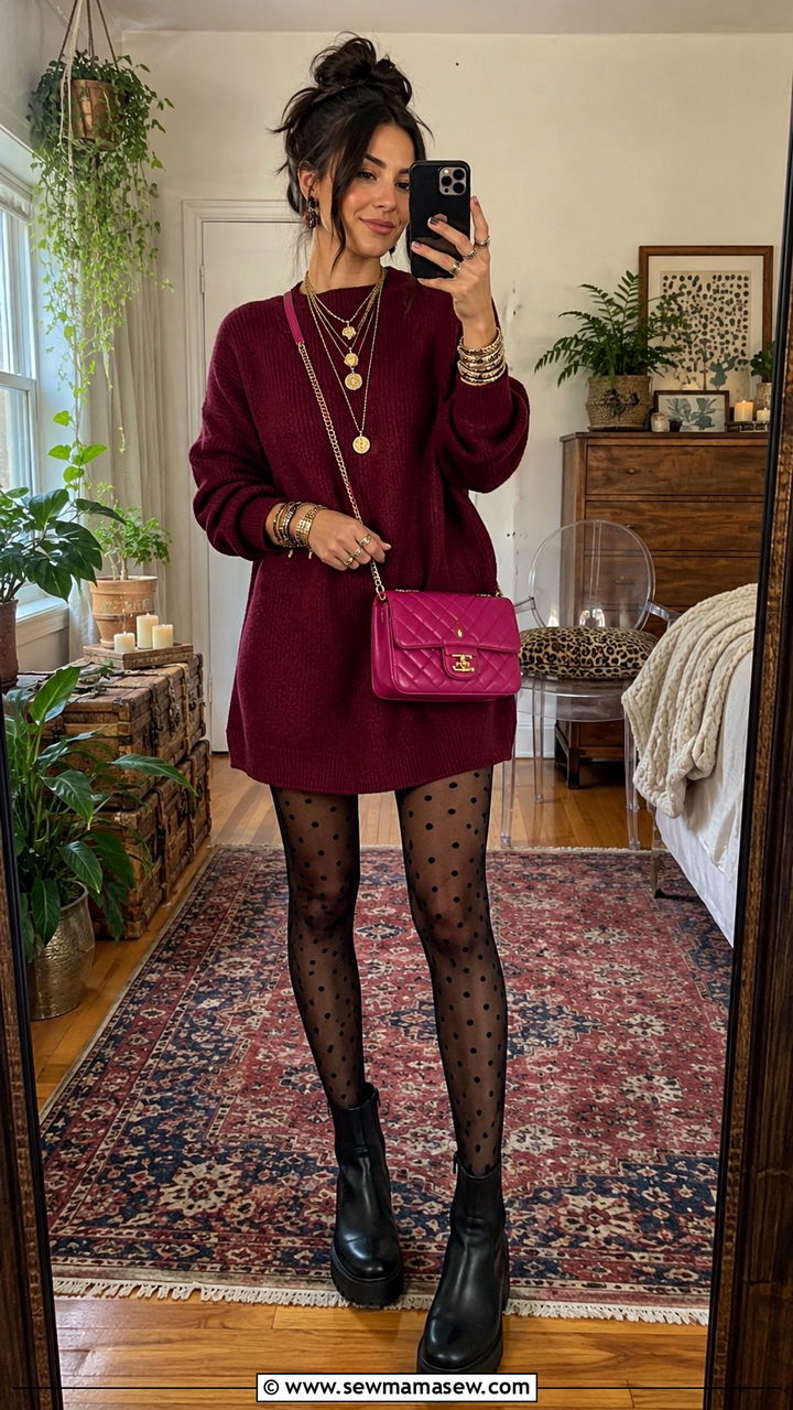 Patterned Tights With Solid Mini Dress And Ankle Boots - 30 maximalist outfits ideas