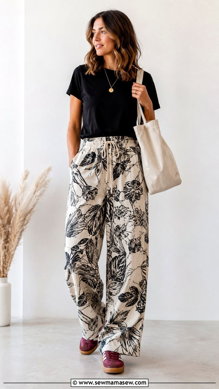 Patterned Wide Leg Linen Pants With Solid Tee And Sneakers - 25 Wide leg linen pants outfit ideas with sneakers