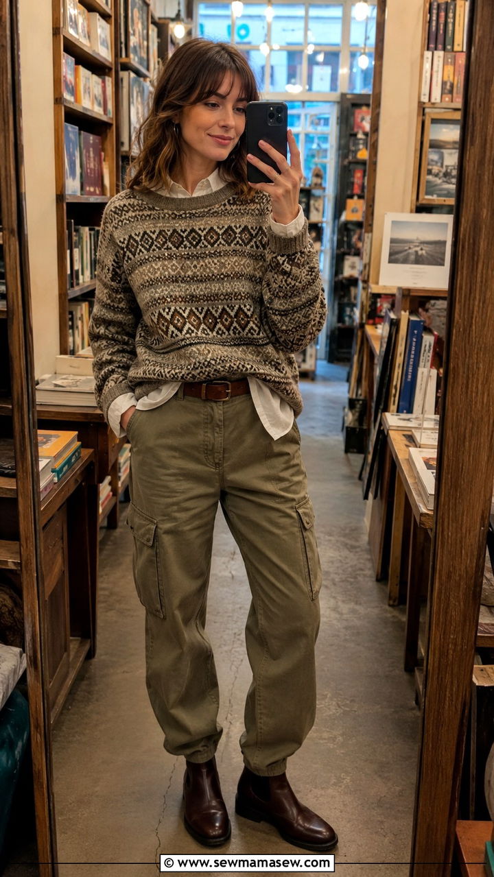 Patterned Wool Sweater with Khaki Cargo Pants and Leather Belt - 30 Iceland outfit ideas