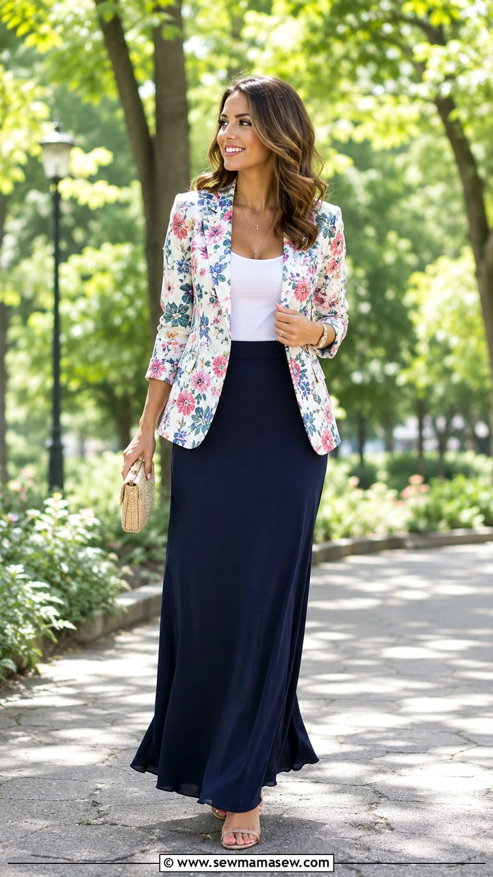 Patterned blazer and solid maxi skirt outfit - 30 Maxi skirt outfit ideas with a blazer