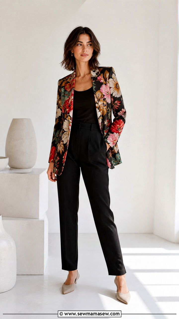 Patterned blazer with solid neutral separates - 40 blazer outfits for women