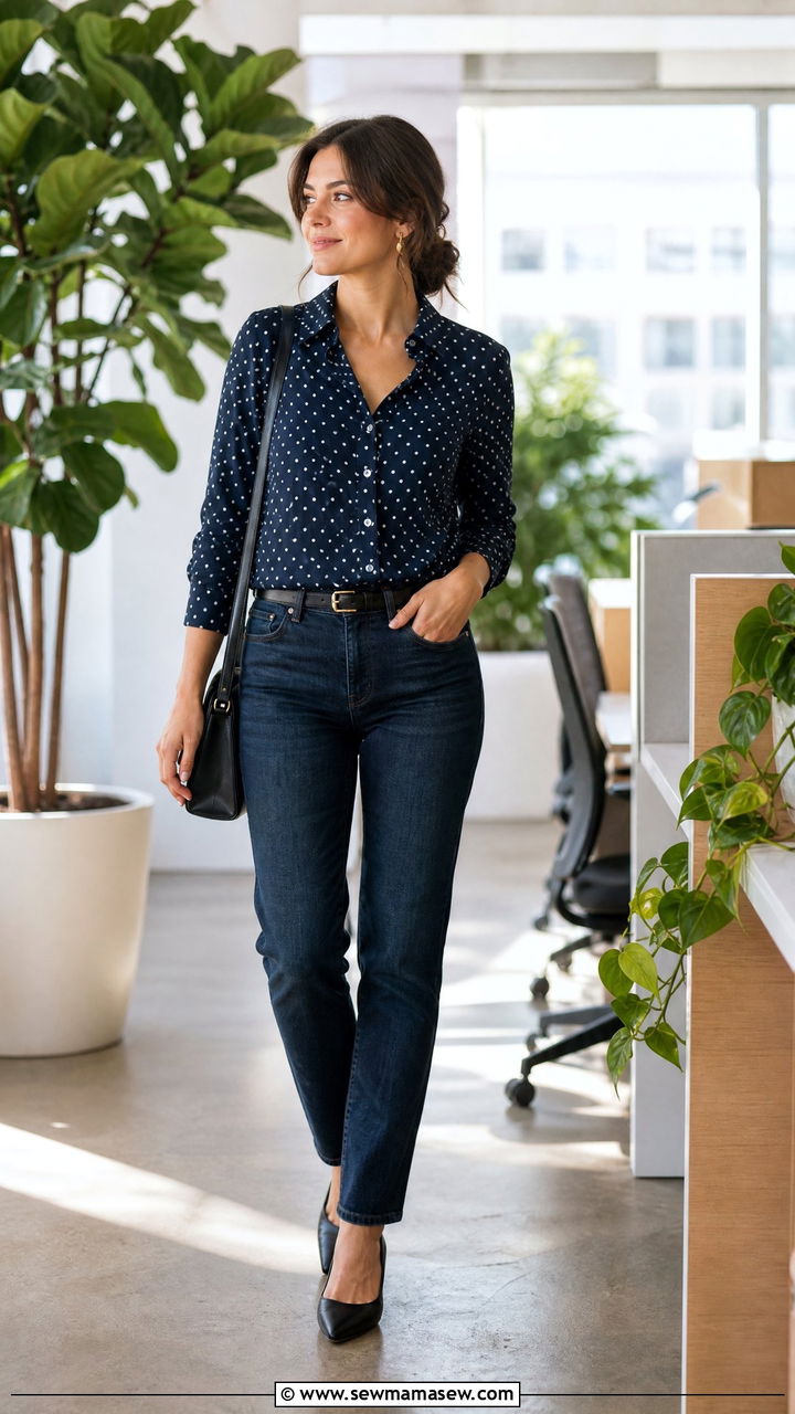 Patterned blouse with dark wash jeans and kitten heels - 25 Business casual outfits with jeans