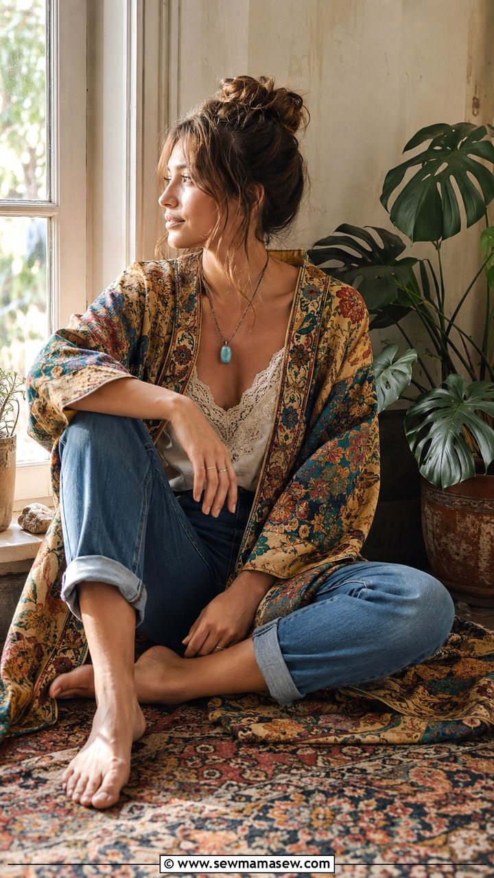 Patterned kimono with relaxed cuffed jeans - 25 Boho outfit ideas with jeans