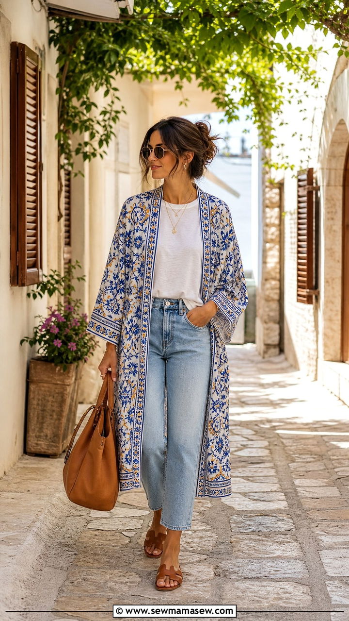 Patterned kimono with simple tee and jeans Italy - 40 Italy summer outfit ideas