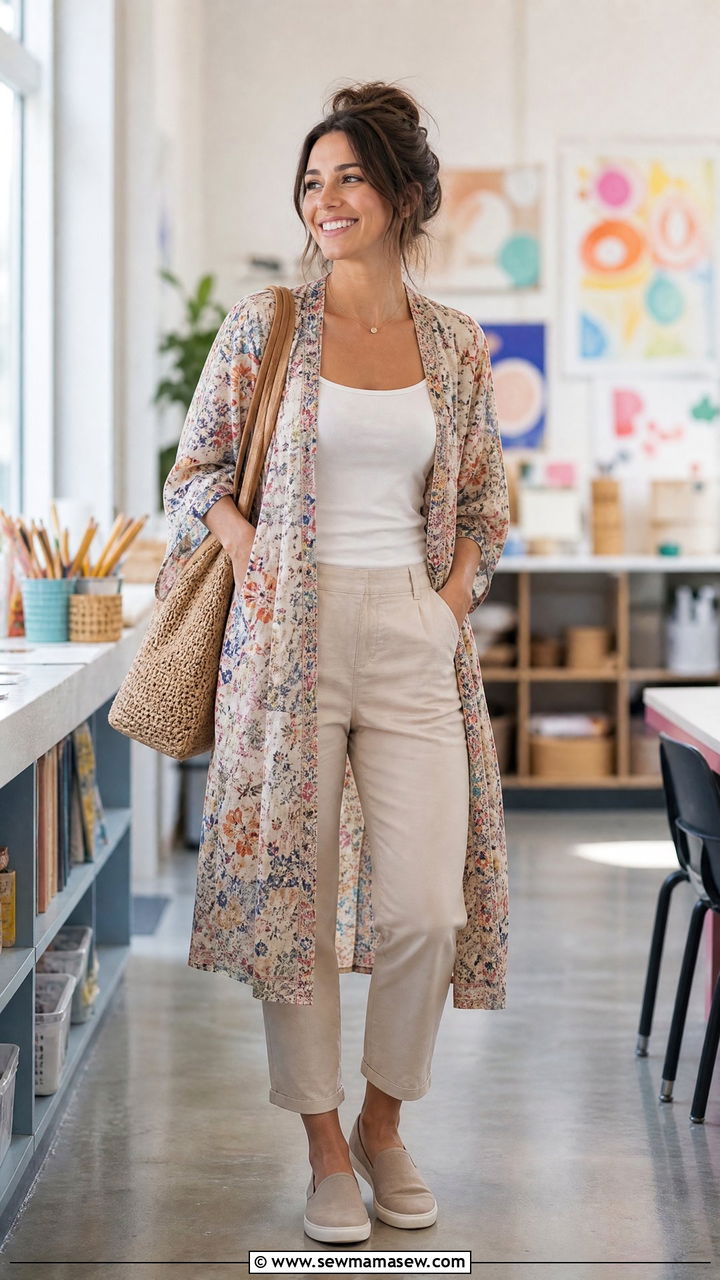 Patterned kimono with tank and cropped pants - 30 Summer outfit ideas for teacher