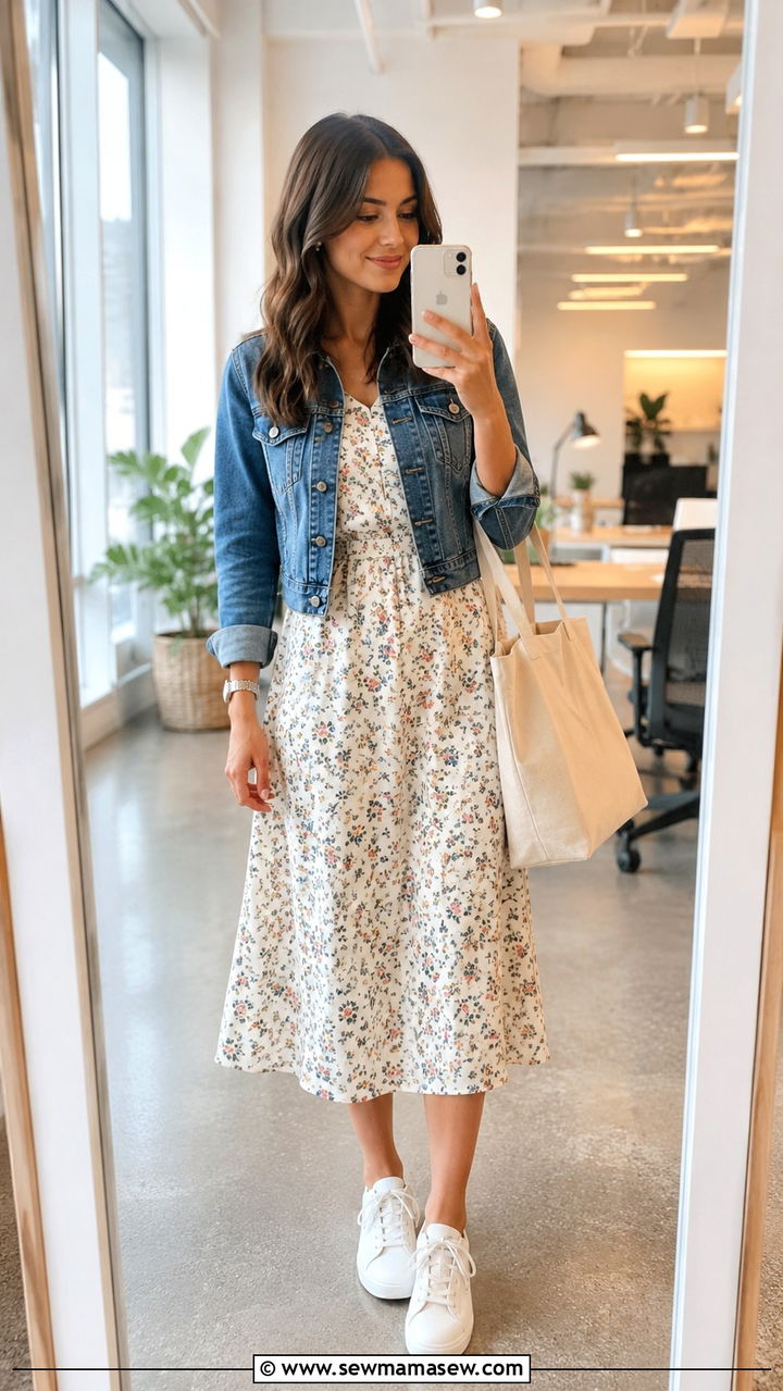 Patterned midi dress with denim jacket and white sneakers - 30 Internship outfit ideas for women