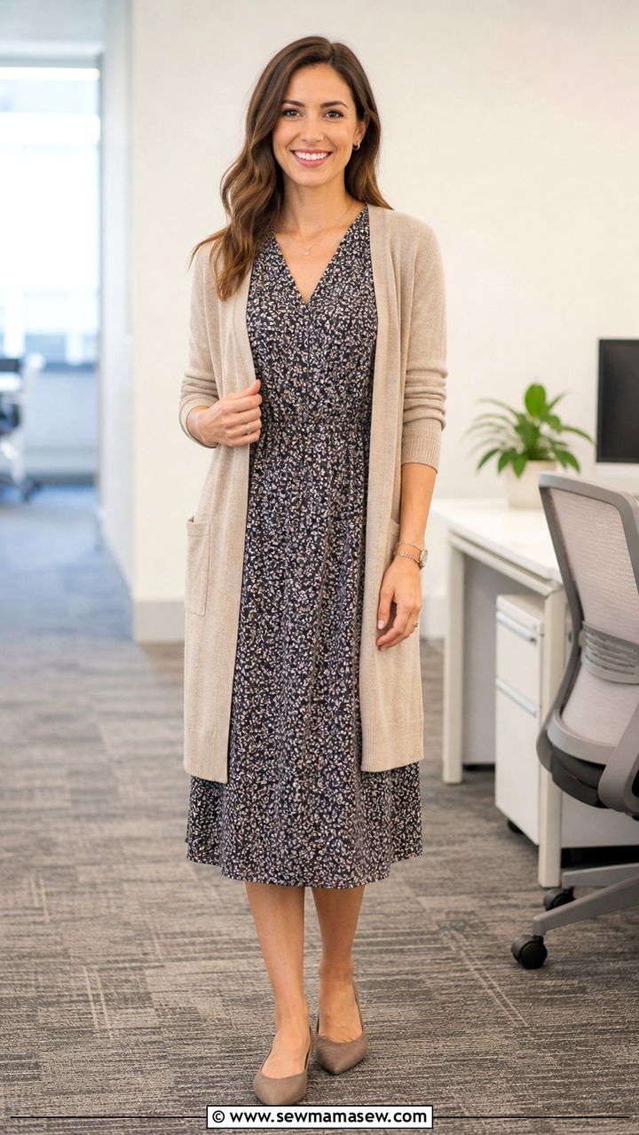 Patterned midi dress with neutral cardigan and pointed flats - 40 casual office outfits