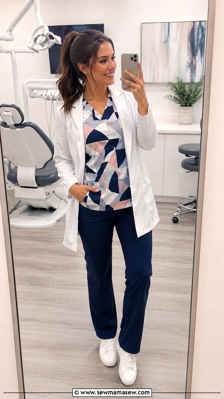 Patterned scrub top with solid pants - 30 Dental hygienist outfit ideas