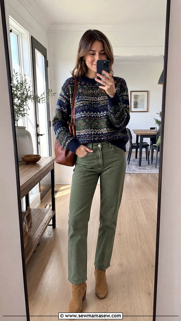 Patterned sweater with colored denim and ankle boots - 30 Sweater outfit ideas for women over 40