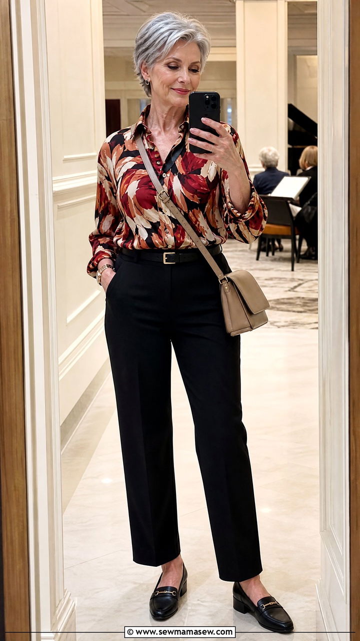 Patterned top and solid pants concert over 50 - 25 What to wear to a concert over 50