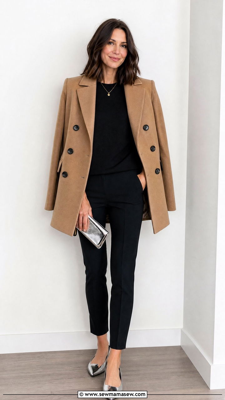 Pea Coat With All Black Base And Metallic Accents Spring Outfit - 25 Spring outfits with pea coat