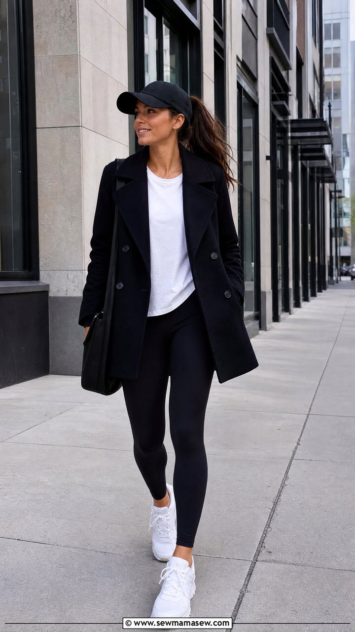 Pea Coat With Black Leggings And Chunky Sneakers Spring Outfit - 25 Spring outfits with pea coat