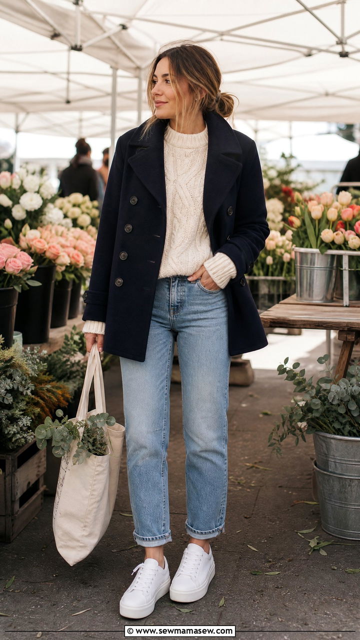 Pea Coat With Chunky Knit Sweater And White Sneakers Spring Outfit - 25 Spring outfits with pea coat