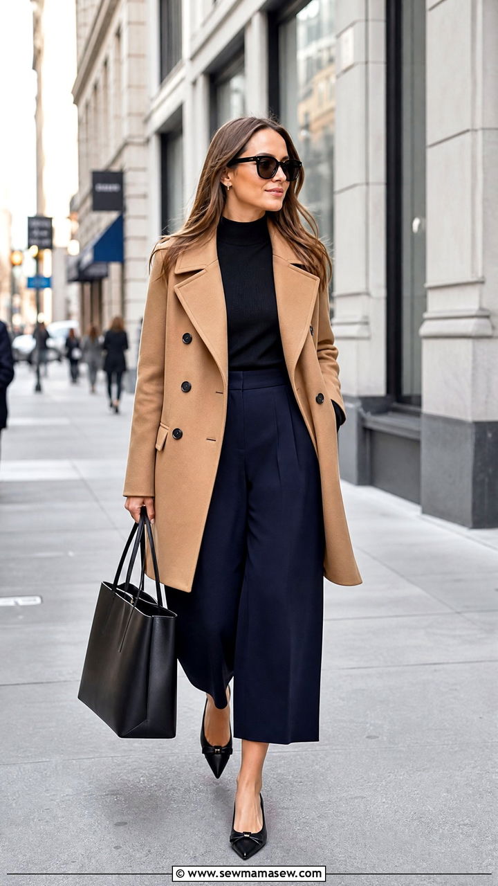Pea Coat With Culottes And Pointed Toe Flats Spring Outfit - 25 Spring outfits with pea coat