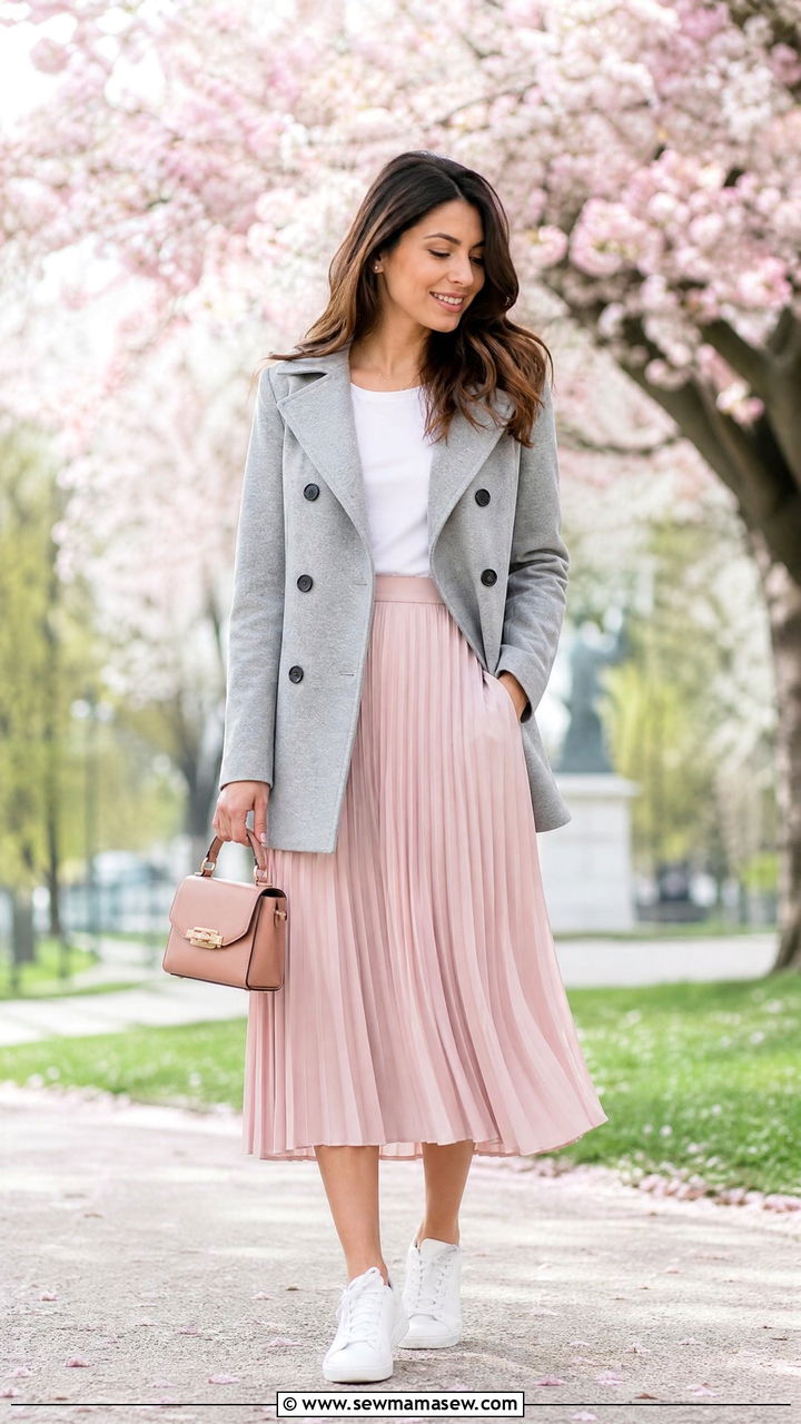 Pea Coat With Pleated Midi Skirt Spring Outfit - 25 Spring outfits with pea coat