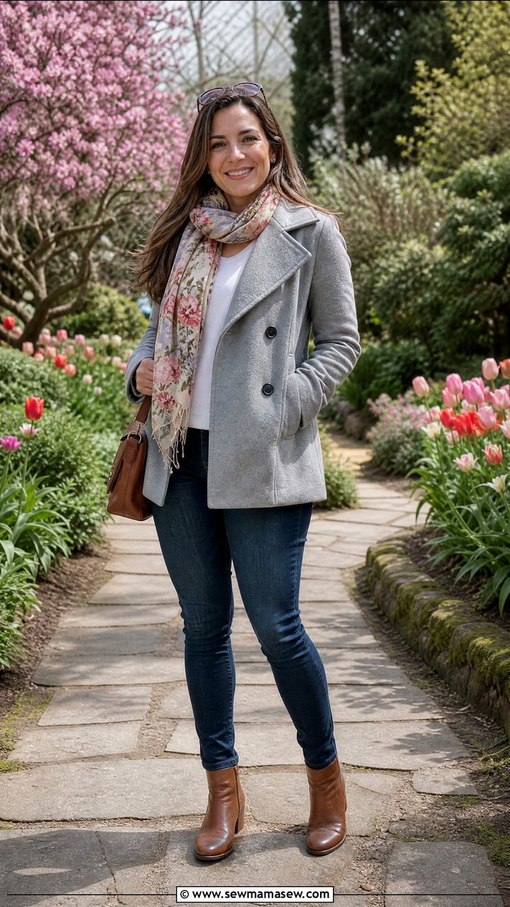 Pea Coat With Printed Scarf And Ankle Boots Spring Outfit - 25 Spring outfits with pea coat